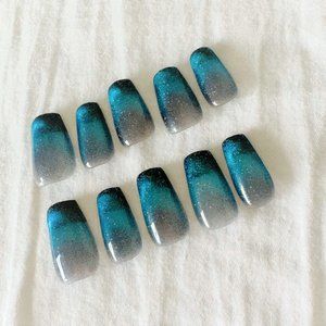 Hand-made blue/silver Galaxy cateye|Press on Nails| |Crystal Diamond|with glue